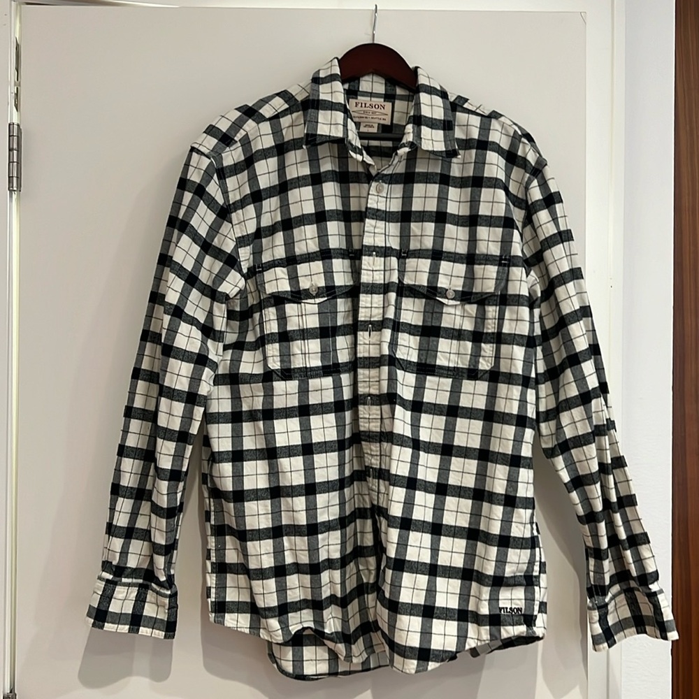 Filson, black and white plaid flannel shirt